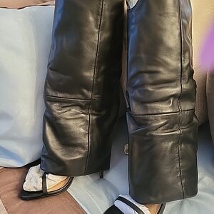 STEVE MADDEN BLACK  OPEN TOE LEATHER KNEE HIGH BOOTS 8.5